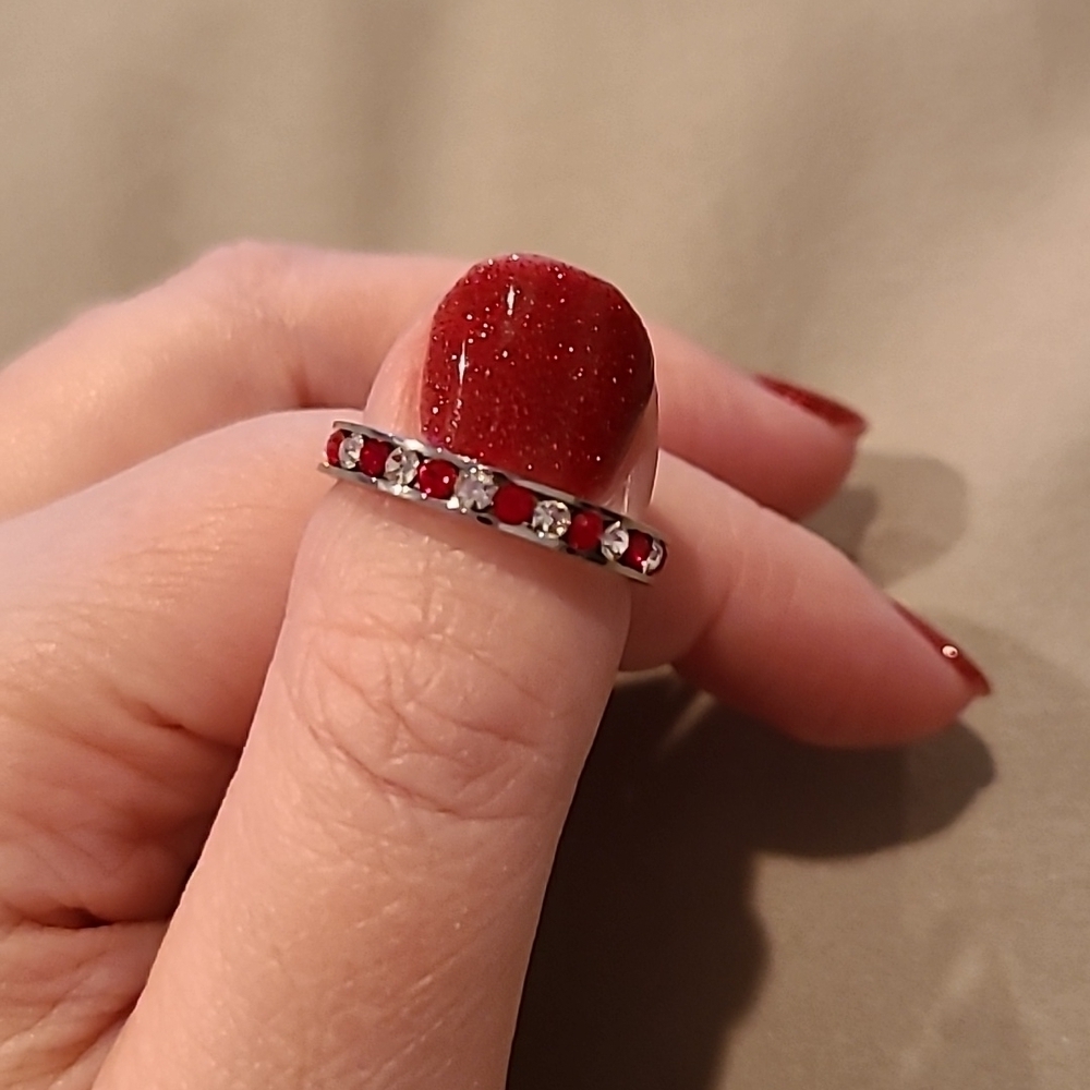Channel set red and clear stones cubic zirconia stainless steel eternity ring - Picture 6 of 9